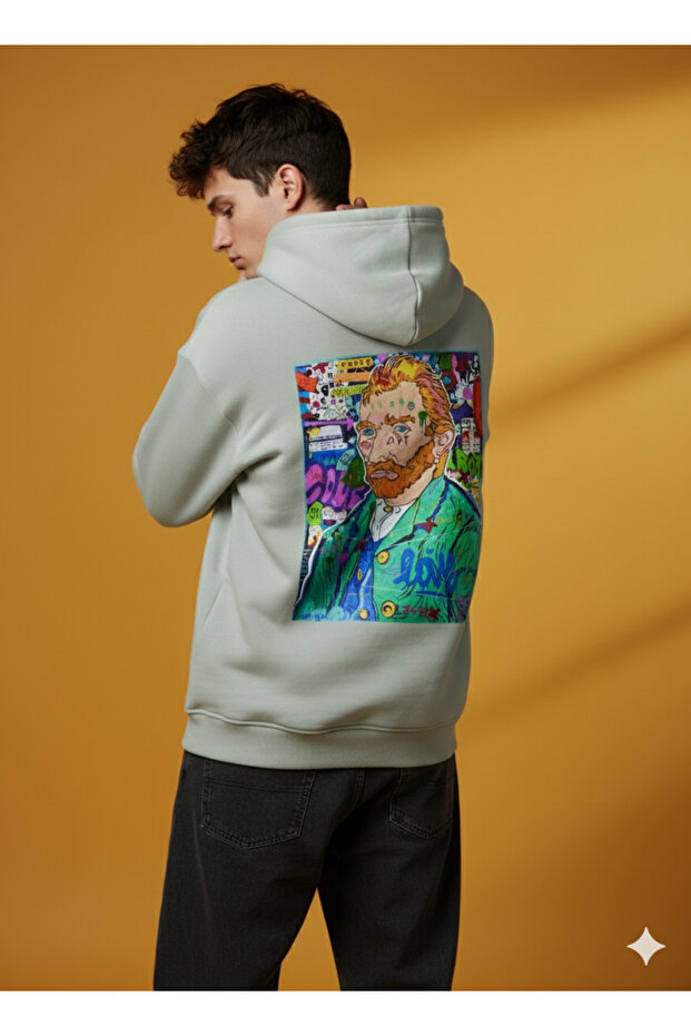 Lenithra Pop Art Van Gogh Back Printed Unisex Oversize Beige Hoodie
