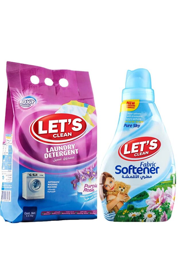 Laundry Automatic Detergent Powder Purple Rose 1.5kg And Fabric Softener Pure Sky 1L