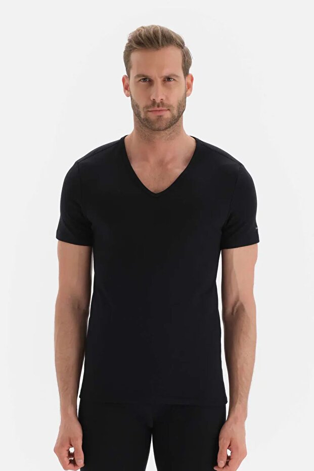 6030 Men's Short Sleeve V-Neck Thermal Top Underwear-Black