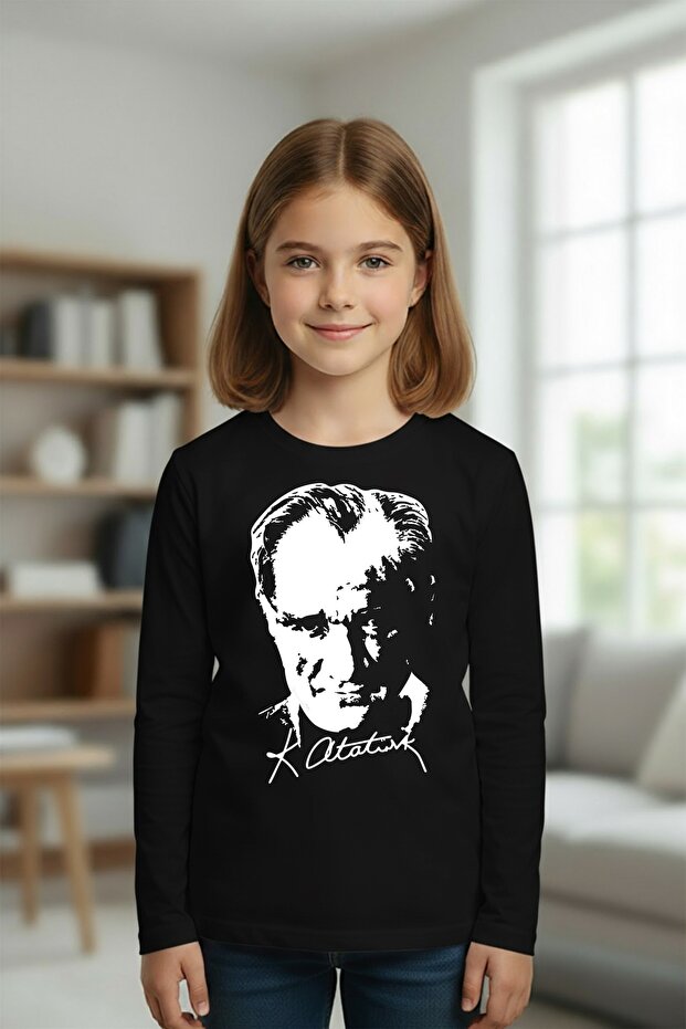 Ataturk Printed Black Uzunkol T-Shirt (November 10, October 29, April 23)