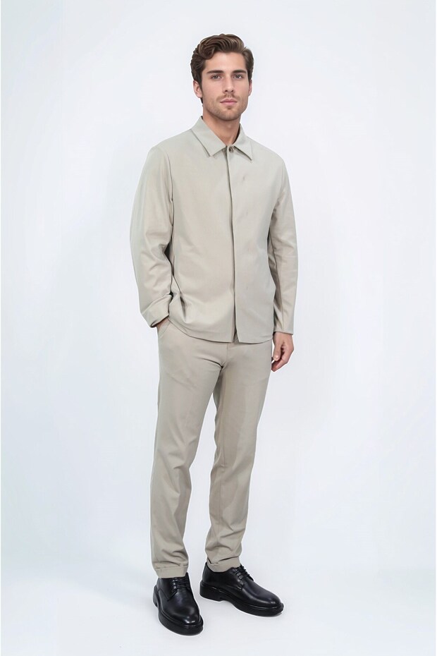 Comfort Fit Bi-Stretch Light Textured Beige Unlined Shirt Jacket