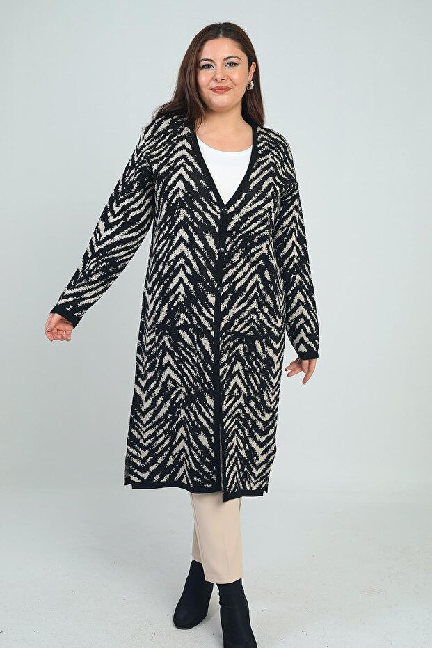 Women's Zebra Patterned Large Size Knitwear Long Cardigan with Pockets