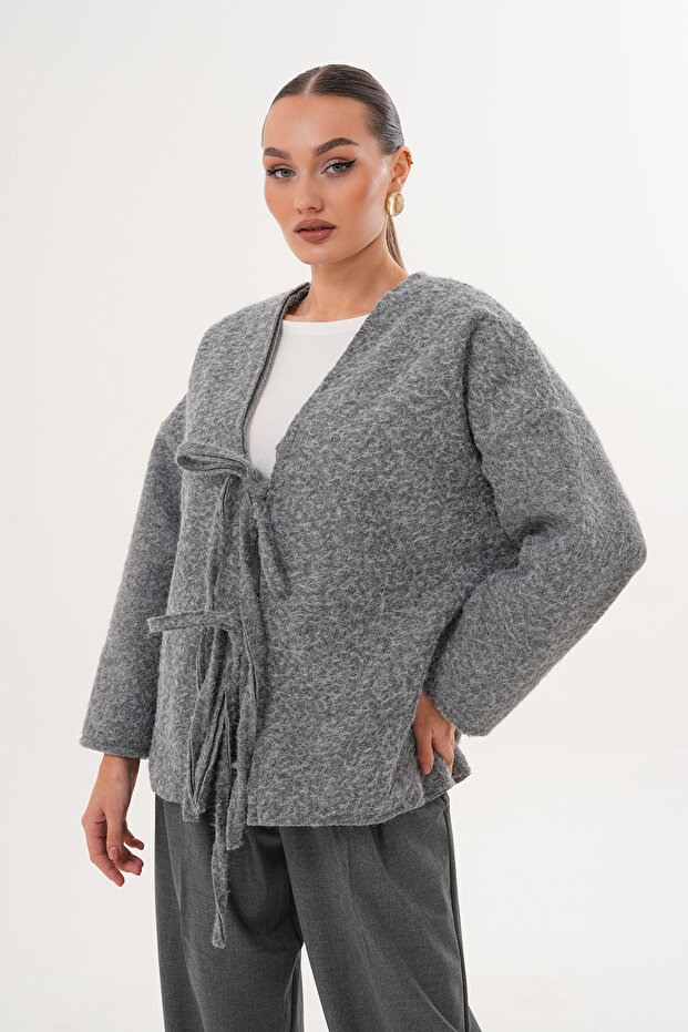 Kırçıllı Önü Bağlamalı Gri Oversize Kaban - 3