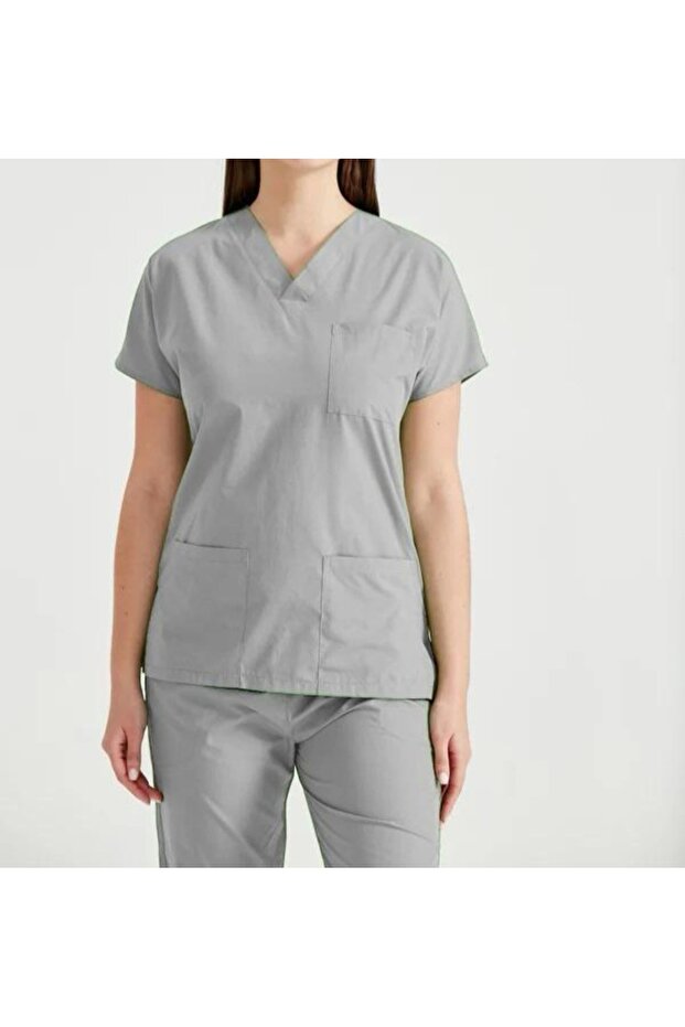 Grey Smoked Doctor Women's Uniform Envelope Collar Scrubs Suit Bat Sleeve Nurse Clothing Cotton Fabric