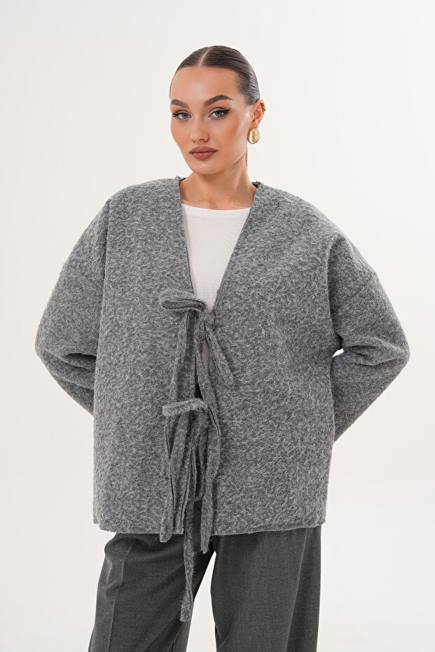 Kırçıllı Önü Bağlamalı Gri Oversize Kaban - 1