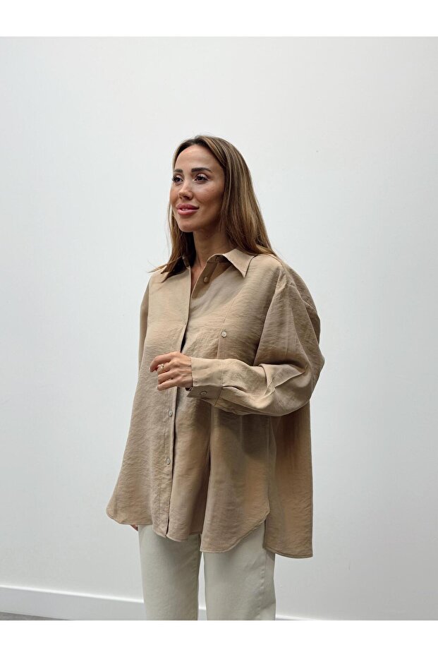Women's Slit Oversize Beige Shirt