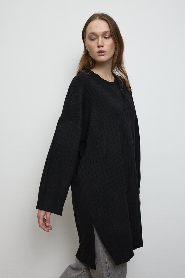 V Yaka Triko Tunik Siyah - 5