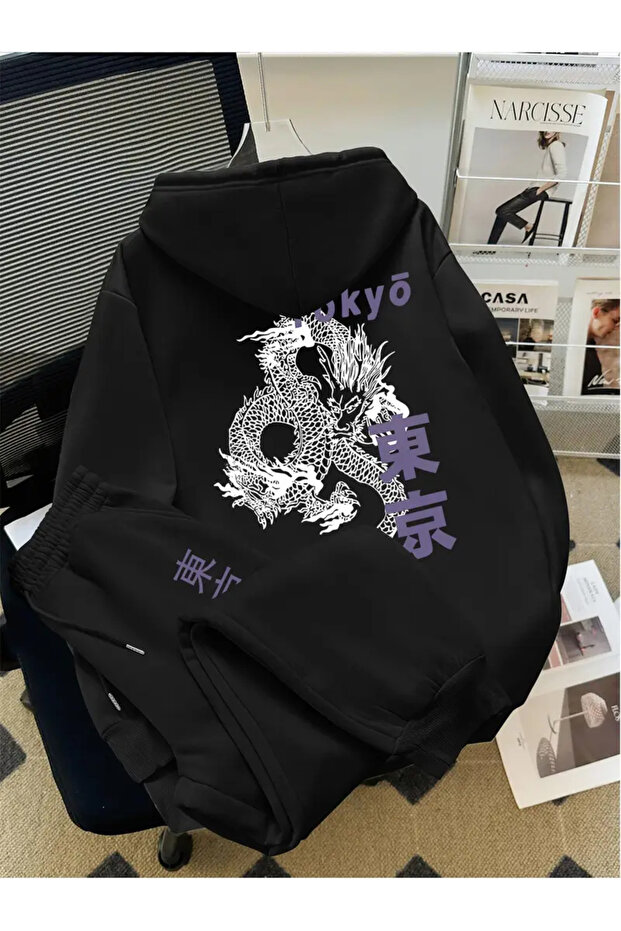 Unisex Men's and Women's Tokyo Dragon Printed Oversize 3 Thread Hooded Tracksuit Set