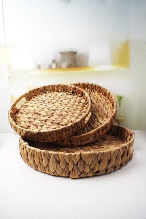 Goldwhirl Set of 3 Handmade and Round Wicker Trays, Set of 3 Wicker Round Trays, 3 Sizes Wicker Tray - 3