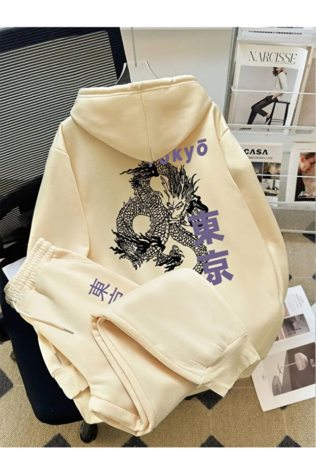 Unisex Men's and Women's Tokyo Dragon Printed Oversize 3 Thread Hooded Tracksuit Set