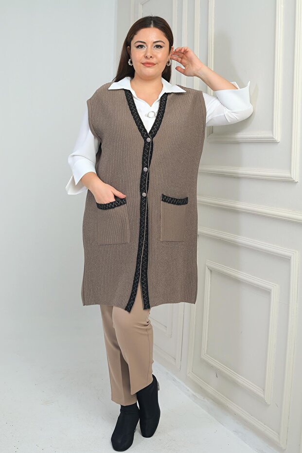 Women's Stripe Detailed Pocketed Plus Size Glittery Knitwear Long Vest