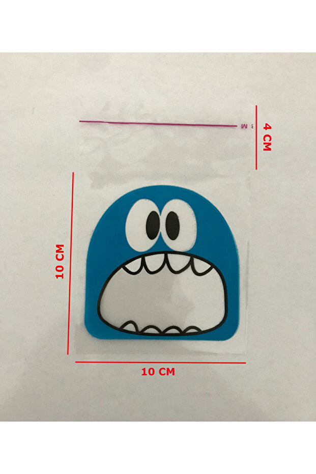 100 Adet 10X14 cm Mavi Canavar Figürlü Bantlı Şeffaf Opp Jelatin Poşet, Kurabiye Poşeti - 2