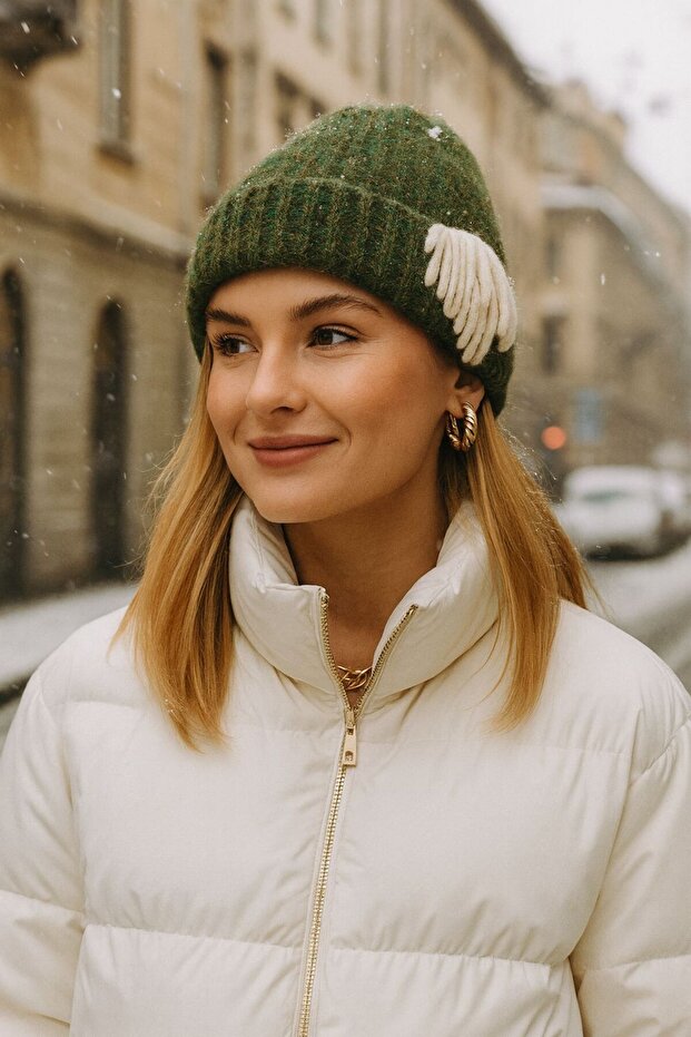 Khaki Embroidery Detailed Women's Beret