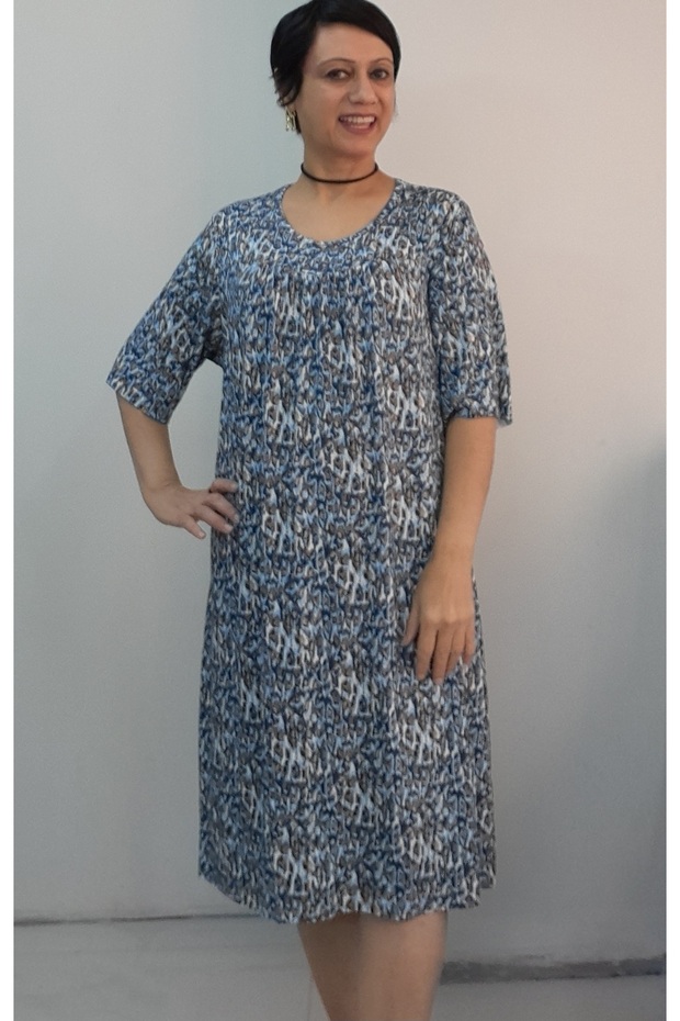 Blue Indigo Patterned Knee-Length Short-Sleeved Combed Viscose T-Shirt with Cut-Out Drawstring at the Front and Back. - 5