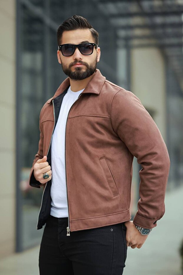 سترة أساسية مريحة من جلد الغزال بياقة بولو - 1