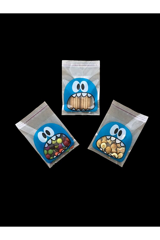 100 Adet 10X14 cm Mavi Canavar Figürlü Bantlı Şeffaf Opp Jelatin Poşet, Kurabiye Poşeti - 1