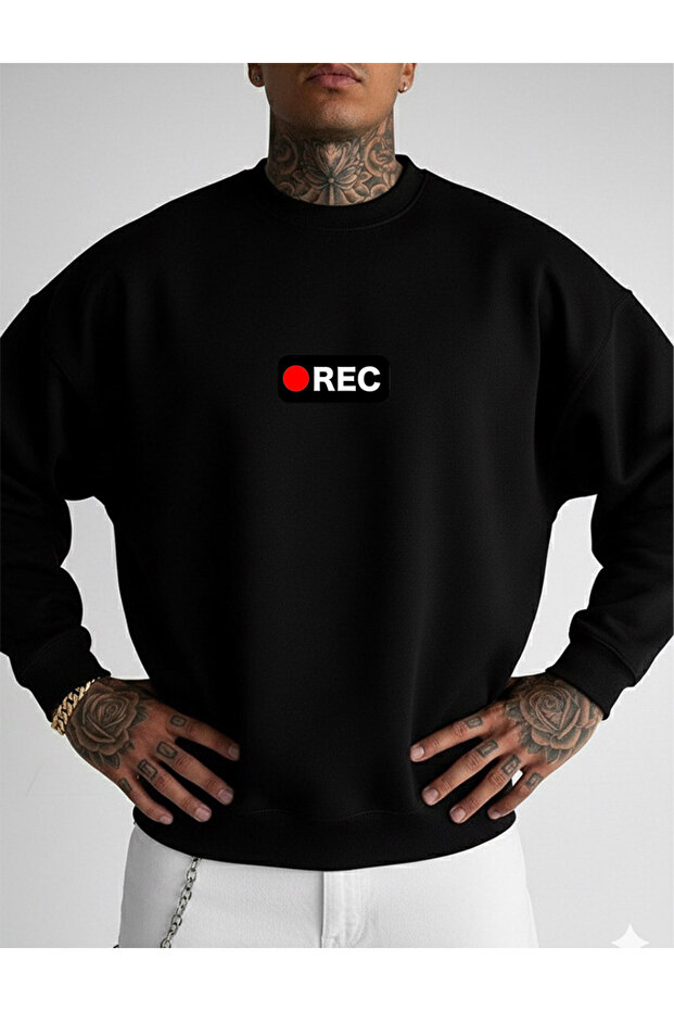 سويت شيرت كبير الحجم للجنسين برقبة دائرية وطباعة REC
