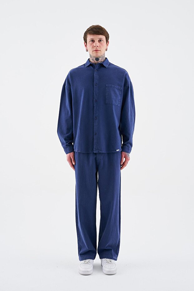 Erkek Effected Yıkamalı Basic Midnight Mavi Eşofman Altı - 5