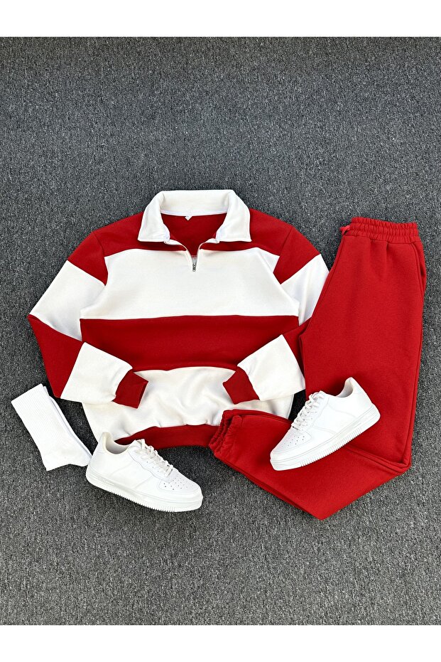 Three-Thread Zippered Polo Neck Cotton Oversized Tracksuit Set