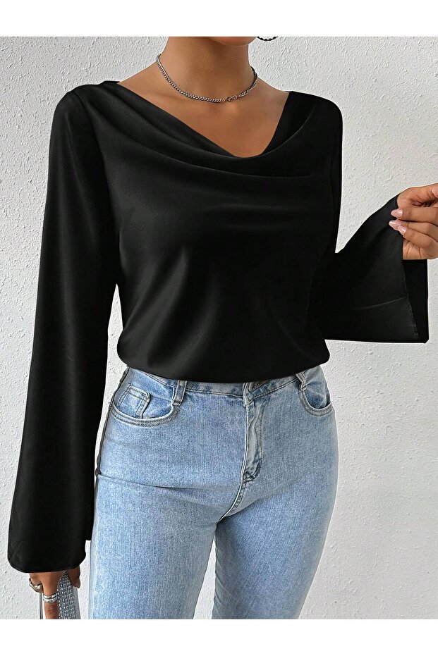 Siyah polyester kumaş drapeli yaka İspanyol kol drapeli yaka üst bluz - 5