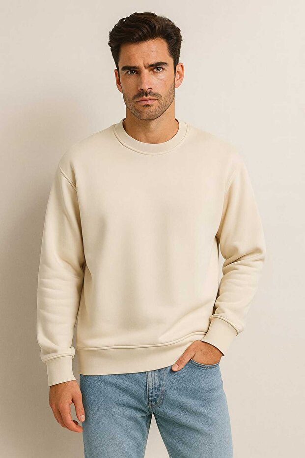 سويت شيرت رجالي كبير الحجم ذو ثلاثة خيوط بلون واحد - 1