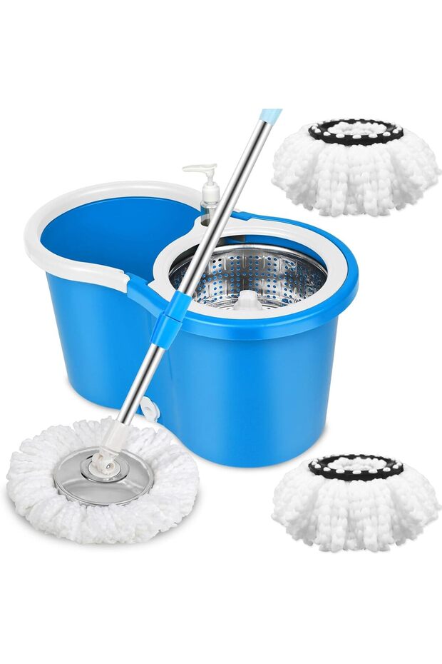 360° Spin Mop and Bucket Set with Wringer, 2 Extra Microfiber Replacement Heads (Blue)