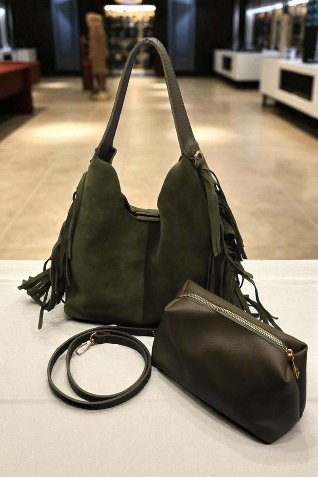 Women's Khaki Suede Hobo Shoulder Bag. Puppy Handbag.