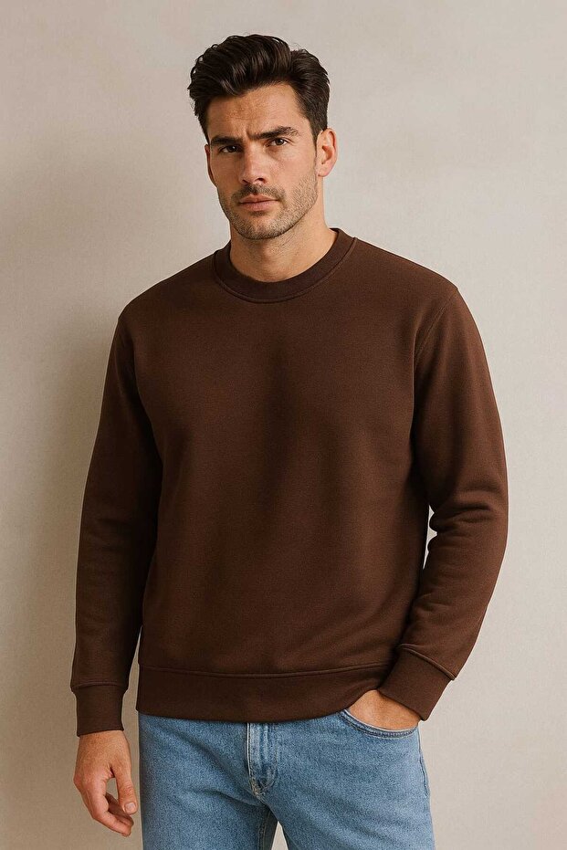 سويت شيرت رجالي كبير الحجم ذو ثلاثة خيوط بلون واحد - 1