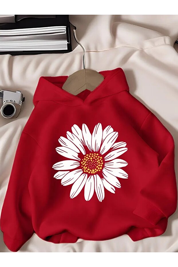 Long Sleeve Hooded Sweatshirt for Girls - White Daisy Pattern