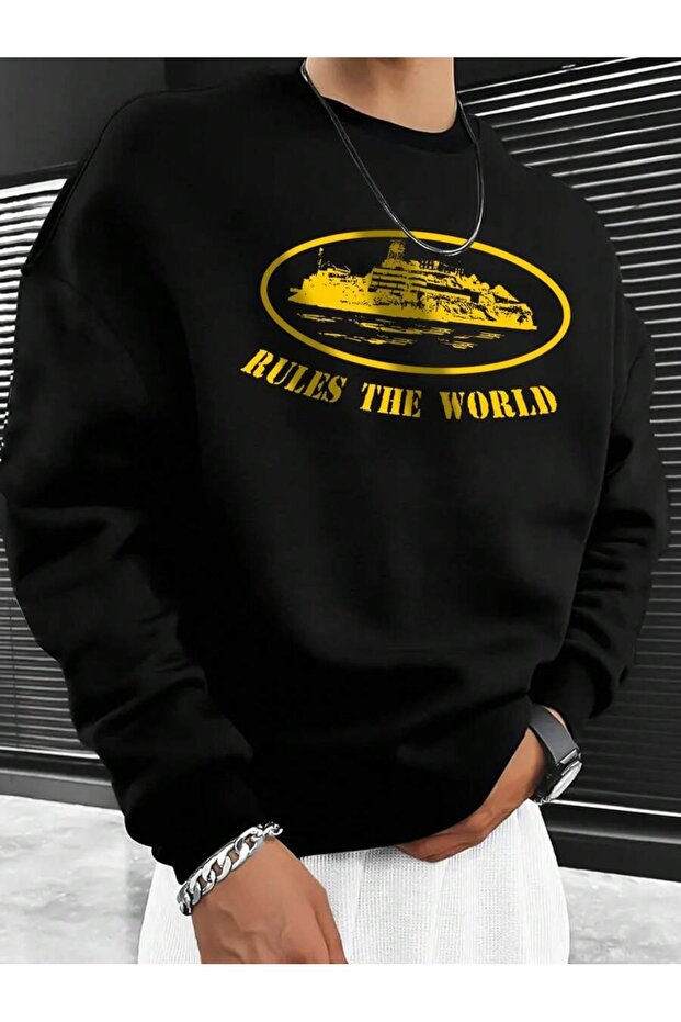 Men's Rules the World Printed Oversized Sweatshirt