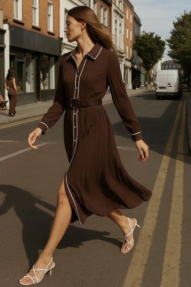 Maxi Length Pleated Buttoned Woven Dress with Belt Detail AW25EL0016