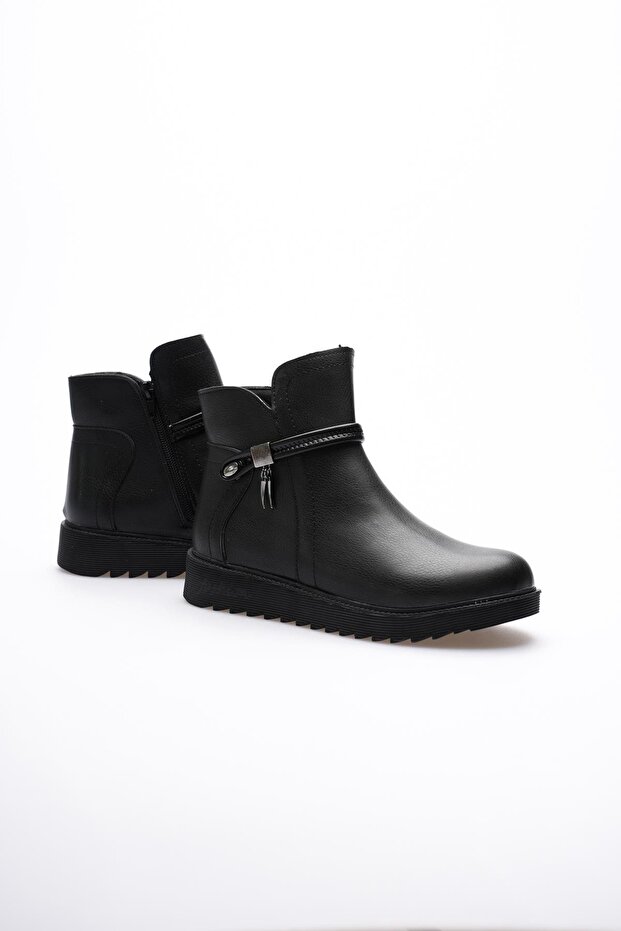 Women's Leather Boots with Zipper Platinum Detail Black Solvia