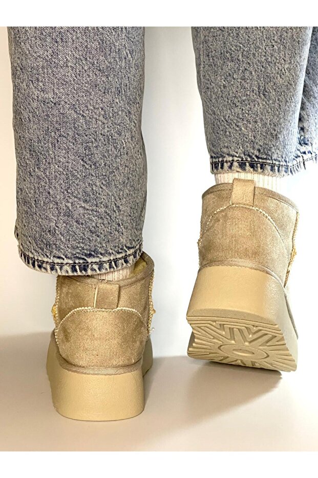 Kadın Süet İçi Kürklü Yüksek Kalın Taban Kışlık Bot & Bootie - 4