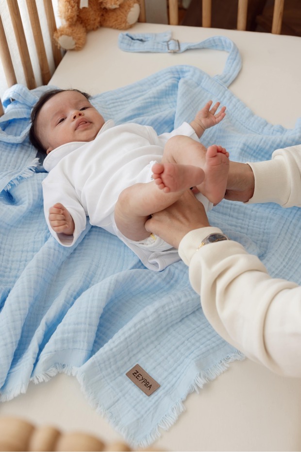 Bebe Mavi 4 Katlı Müslin Emzirme Örtüsü & Müslin Puset Örtüsü Müslin Örtü Püsküllü - 8