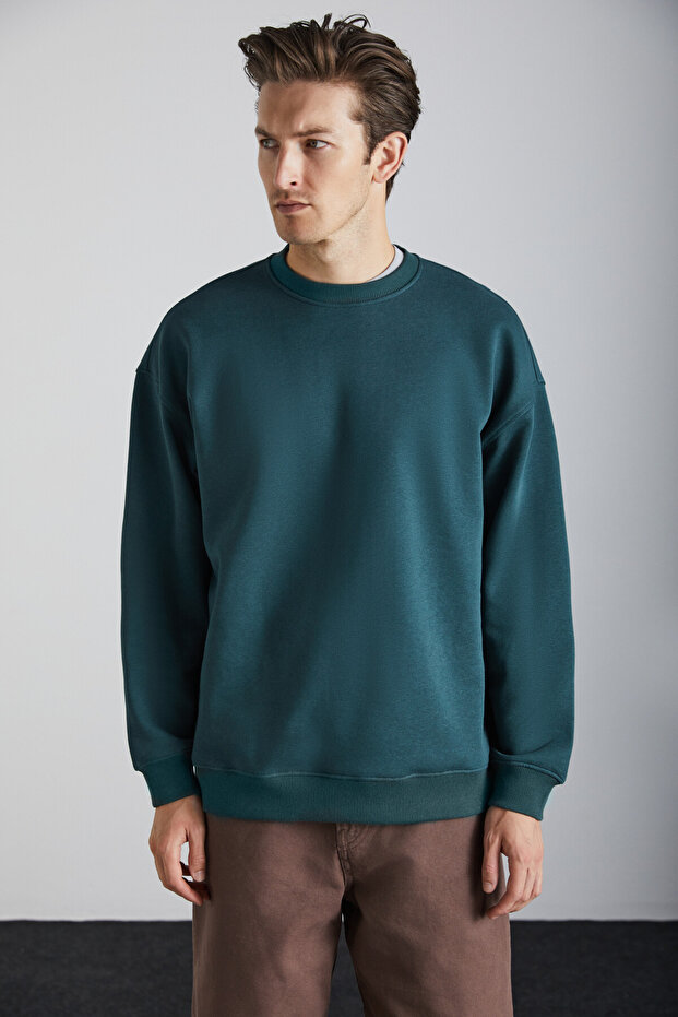 Stephan Men's Soft Fabric Organic Cotton Oversize Fit Round Neck Dark Green Sweatshirt