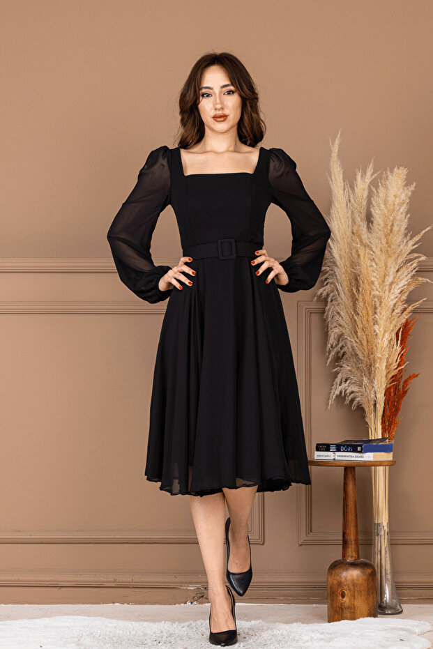 Şifon Krep Kumaş Kare Yaka Midi Elbise - SİYAH - 1