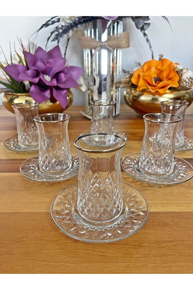 Lara Silver Gilt (Real) 12 Pieces Tea Set for 6 People Tea Set Gift Glass