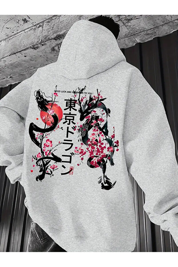 Unisex Japanese Dragon Printed Oversize 100% Cotton Hooded Sweatshirt