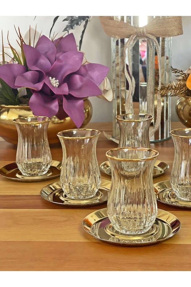 ECHO GOLD GILDED (REAL) GOLD METAL PLATE 12 PIECE 6-PERSON TEA SET TEA SERVICE GLASS