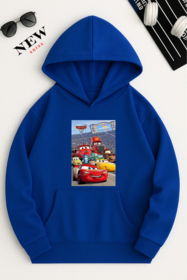 Colorful Cars Printed Hooded Sweatshirt