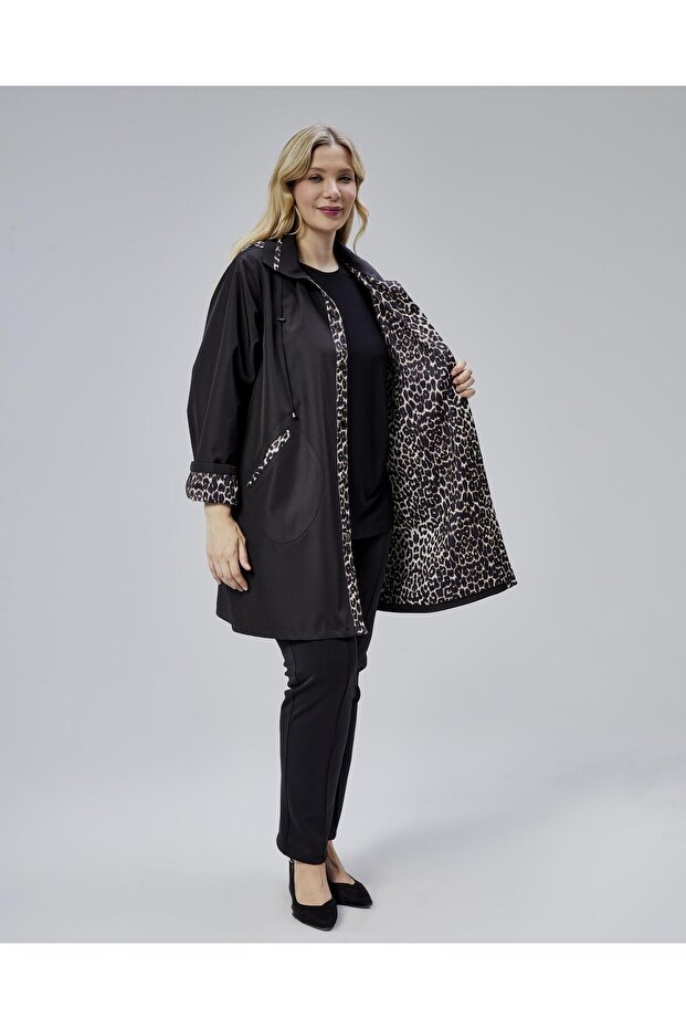 Leopar Detaylı Kapüşonlu Trençkot - Siyah - 2