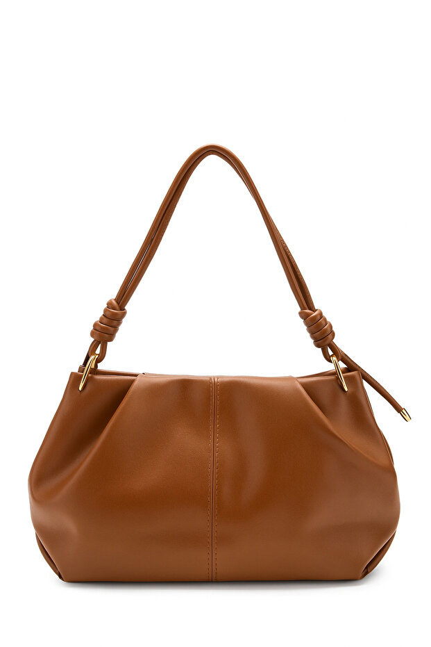 Women's Tan Drawstring Detailed Leather Hand and Shoulder Bag