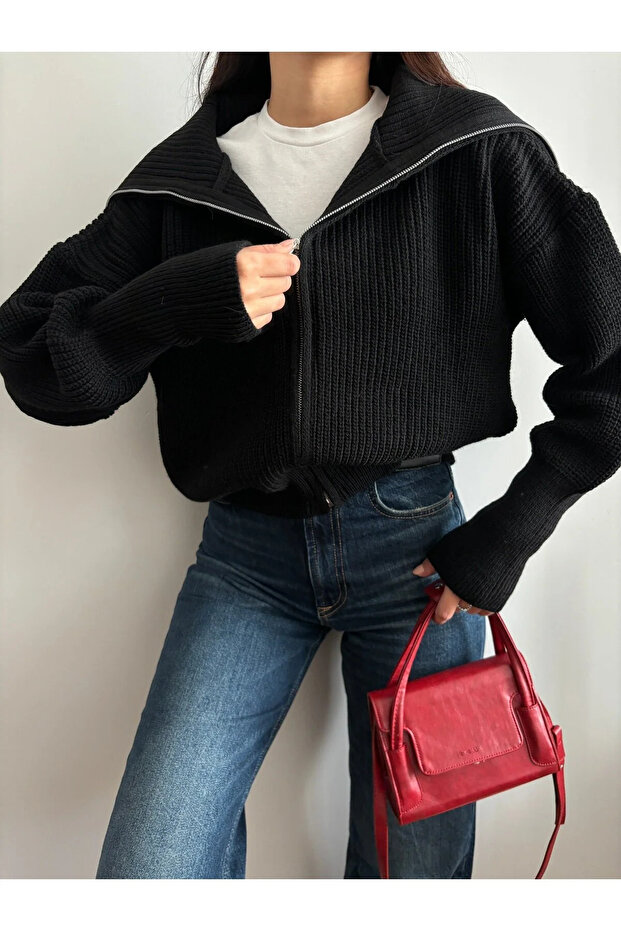 Kadın Devrik Yaka Siyah Oversize Triko Hırka - 2