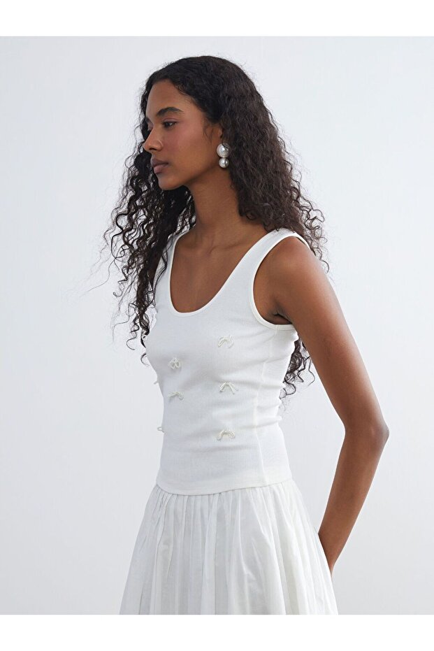 Lcw Vision White U-Neck Beaded Embroidered Bow Blouse