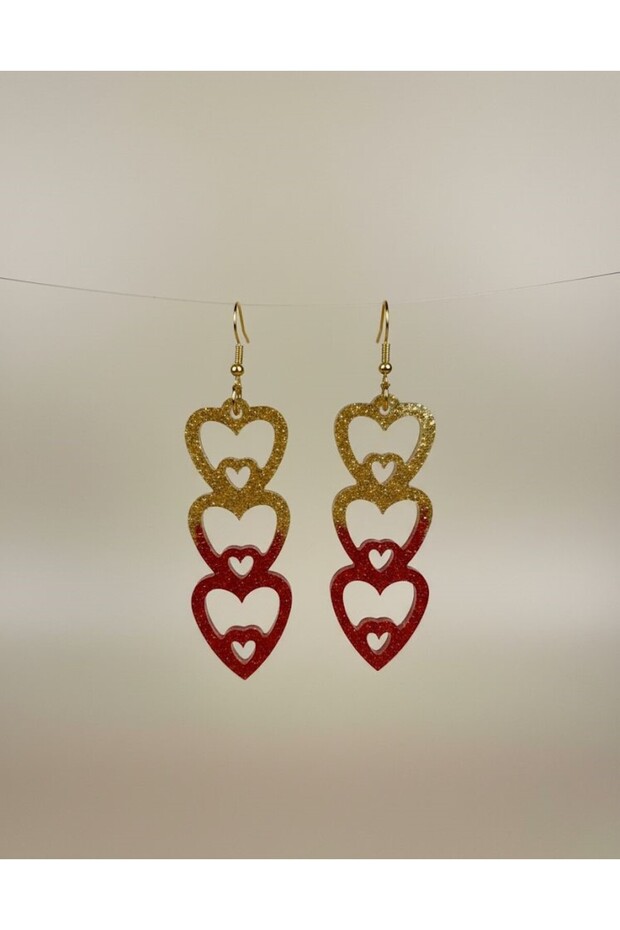 Heart Patterned Handmade Epoxy Glitter Earrings - 3