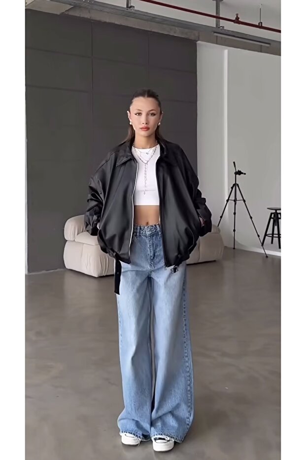 سترة جلدية بومبر كبيرة الحجم مع حزام - 2