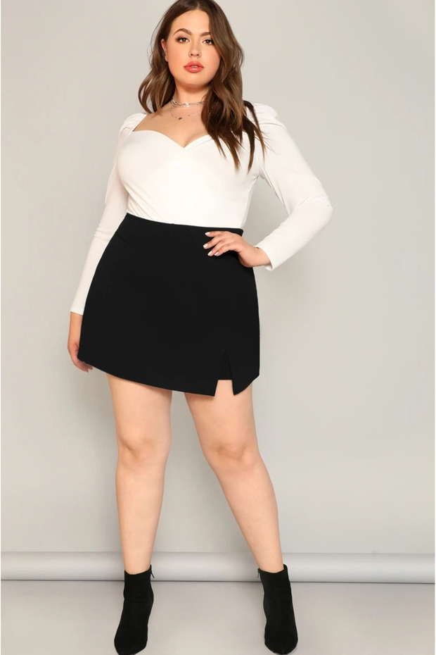 Women's Plus Size Single Slit Front Back Skirt with Inside Shorts Side Zipper High Waist Stretchy Short Skirt with Shorts