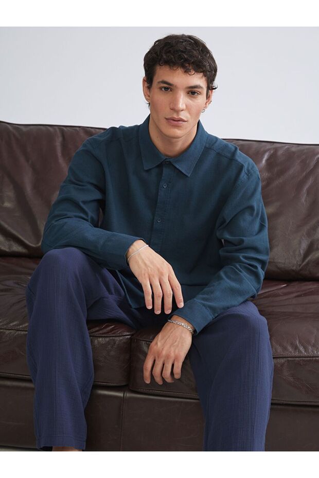 XSIDE Regular Fit Uzun Kollu Keten Görünümlü Erkek Gömlek - 1