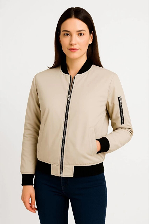 Lined zipper bomber jacket - beige - 3