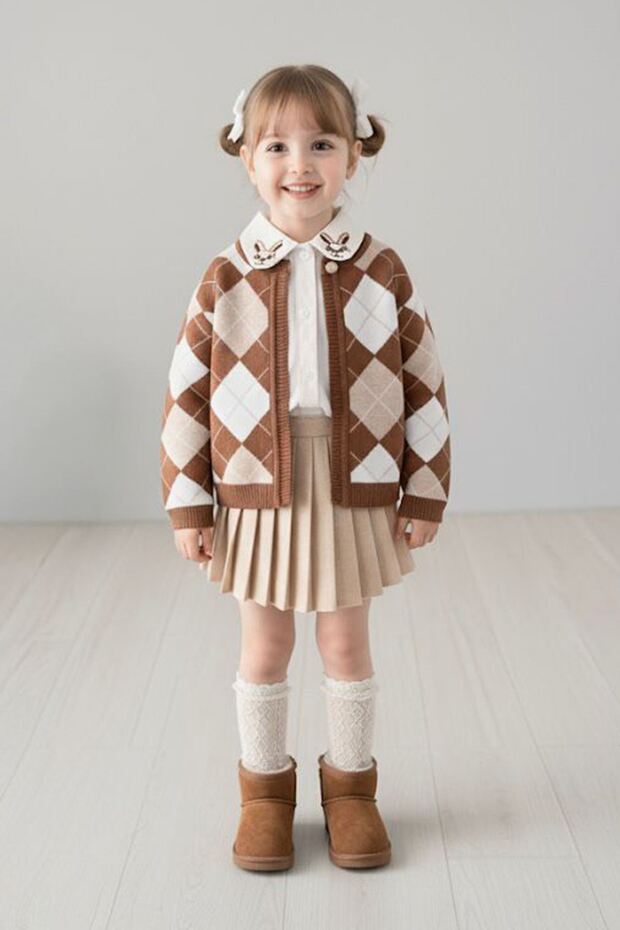 Rabbit Collar Detailed Knitwear Girls' 3-Piece Set - Brown